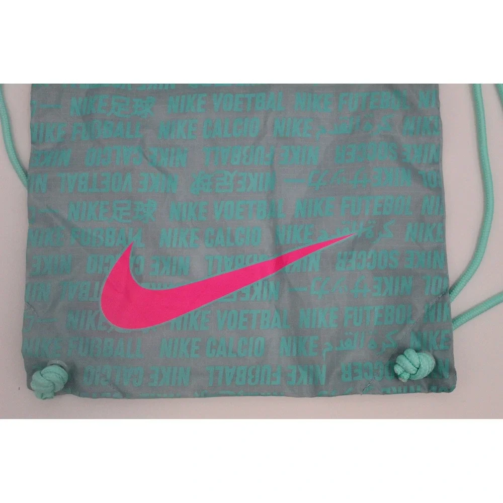 Nike Soccer Drawstring Cinch Bag Teal Grey Pink Swoosh Multilingual Print Kids